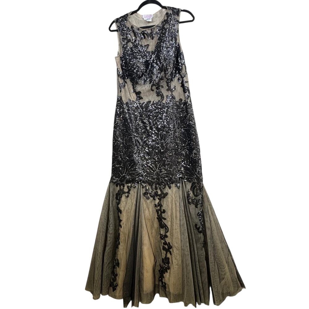 Jovani Dress Womens 12 Black Sequin Floral Sheer Tulle Mermaid Long Formal Gown